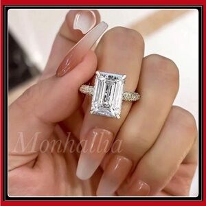 NEW SILVER SQUARE CUT 9ct PRINCESS BAGUETTE EMERALD SIMULATED DIAMOND RING